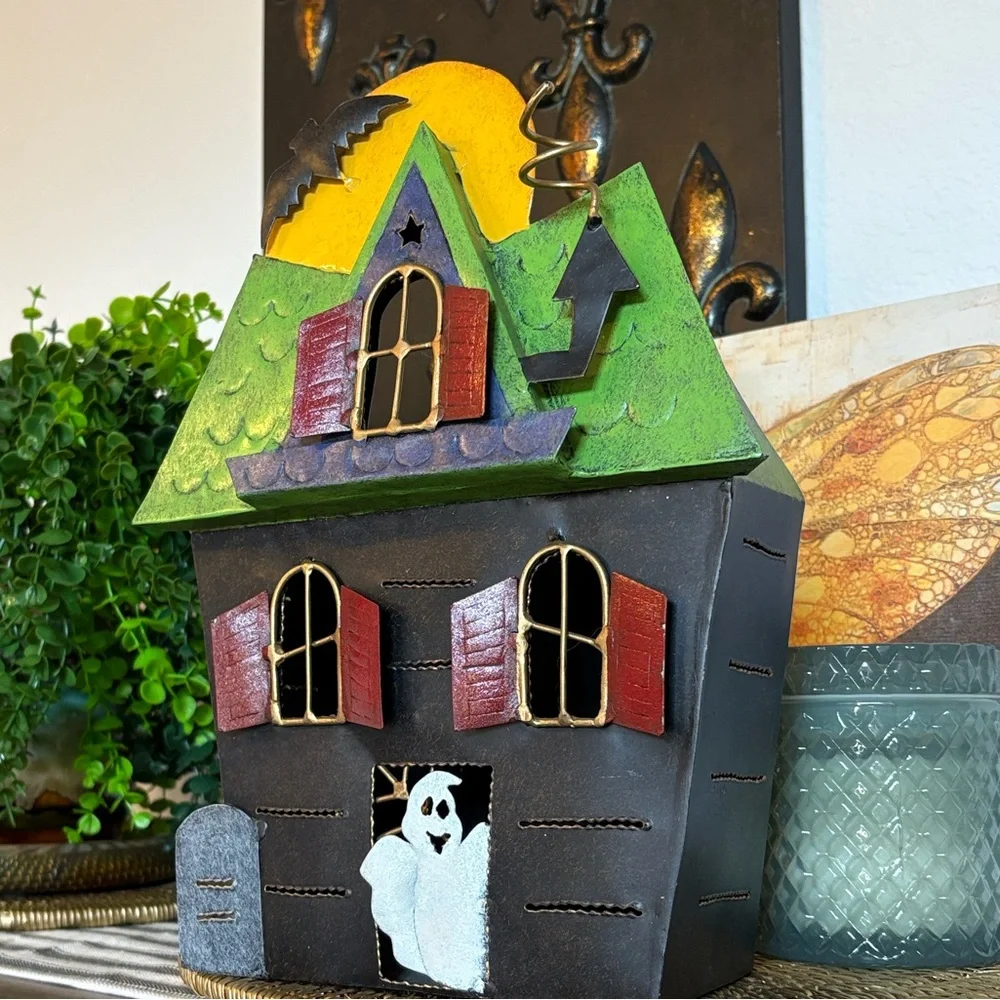 💎RARE💎Vintage Pottery Barn Large Size Metal Haunted House Candleholder Planter